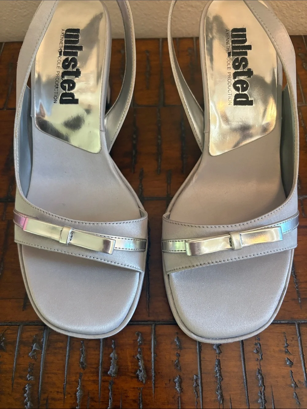 Unlisted by Kenneth Cole Silver Slingback Sandal Heels with Bow Detail - Picture 3 of 11